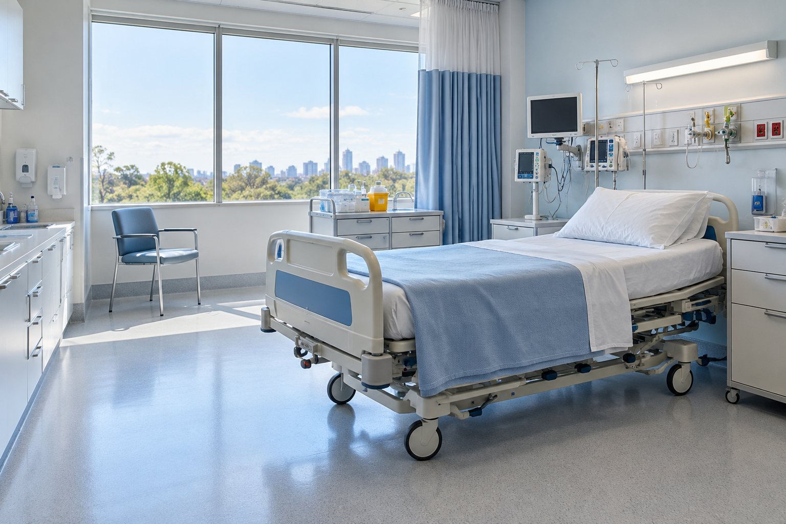Illustrative modern hospital room with bed and medical equipment